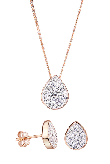 Sterling Silver Rose Gold Plated Crystal Tear Drop Stud Earring & Pendant Necklace