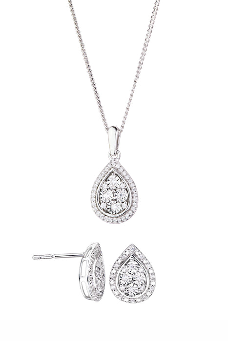 Sterling Silver Diamond Pear Earring and Pendant Set