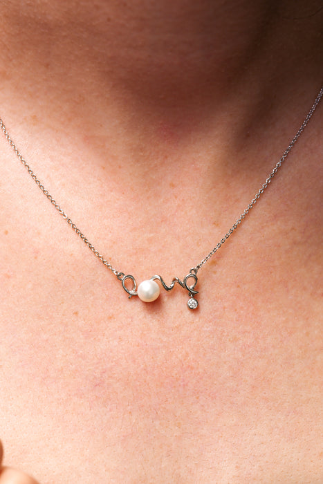 Sterling Silver Cubic Zirconia Freshwater Pearl Love Necklace