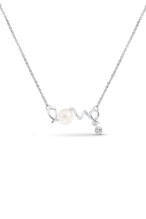 Sterling Silver Cubic Zirconia Freshwater Pearl Love Necklace