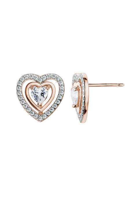 Sterling Silver Rose Gold Plated Cubic Zirconia Heart Stud Earrings