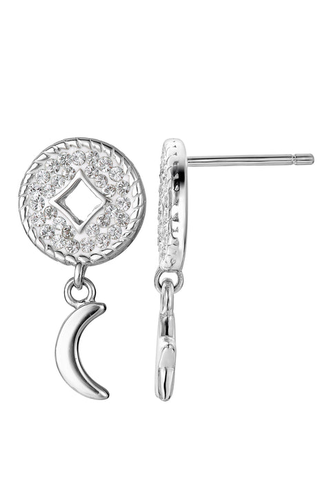 Sterling Silver Crystal Crescent Moon and Star Drop Round Stud Earrings