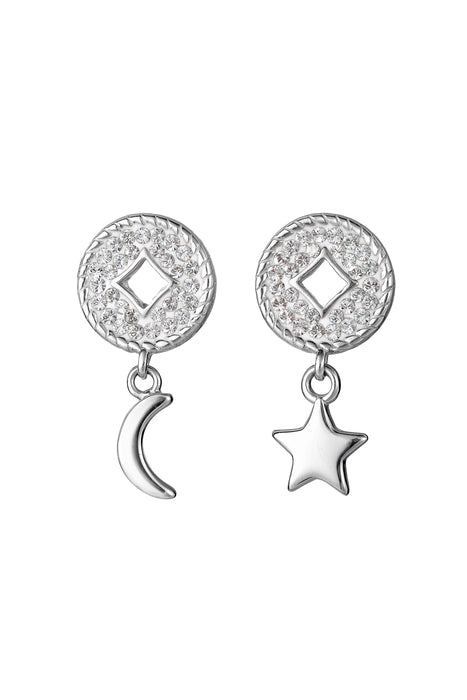 Sterling Silver Crystal Crescent Moon and Star Drop Round Stud Earrings