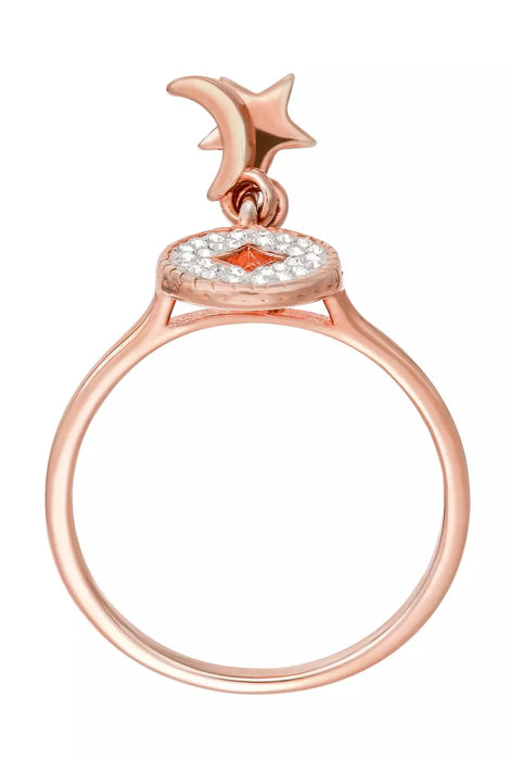 Sterling Silver Rose Gold Plated Crystal Crescent Moon & Star Charm Ring