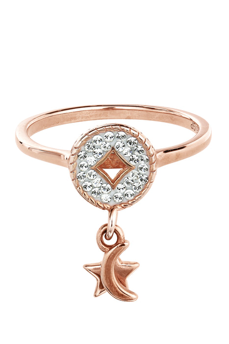 Sterling Silver Rose Gold Plated Crystal Crescent Moon & Star Charm Ring