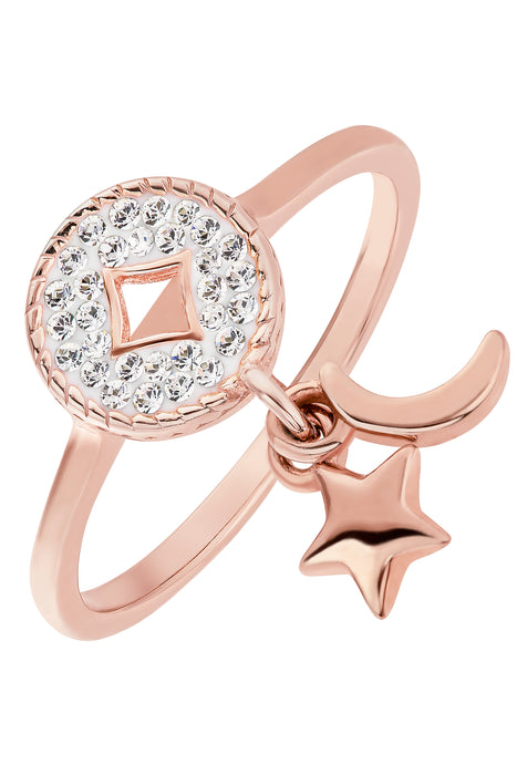 Sterling Silver Rose Gold Plated Crystal Crescent Moon & Star Charm Ring