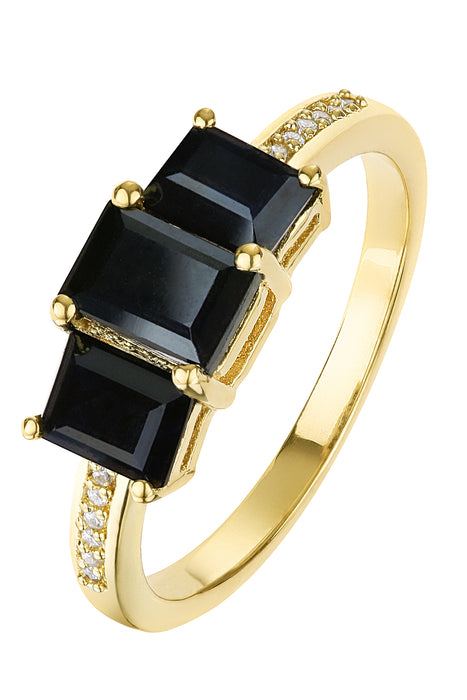 9ct Yellow Gold Black Sapphire and Diamond Three Stone Ring