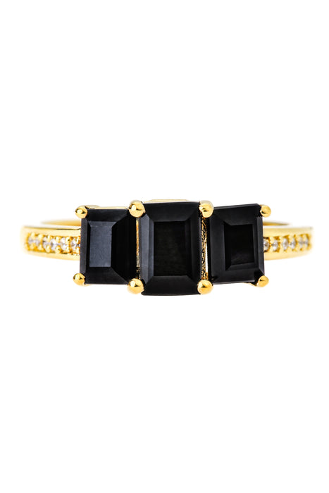 9ct Yellow Gold Black Sapphire and Diamond Three Stone Ring