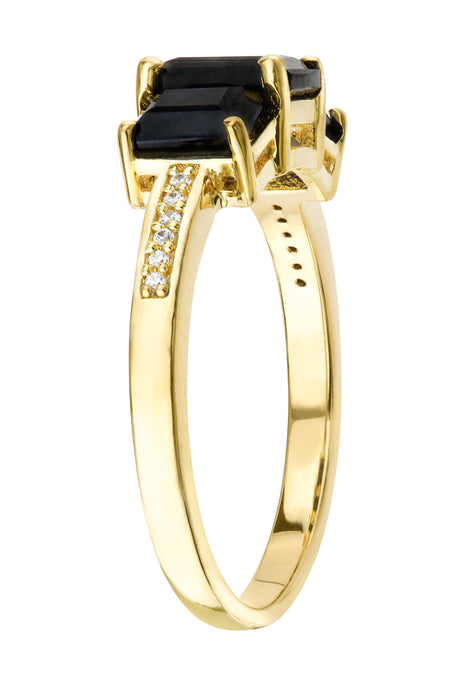 9ct Yellow Gold Black Sapphire and Diamond Three Stone Ring