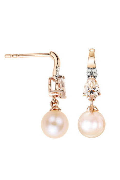 9ct Rose Gold Pink Cultured Freshwater Pearl, Morganite and Diamond Earrings