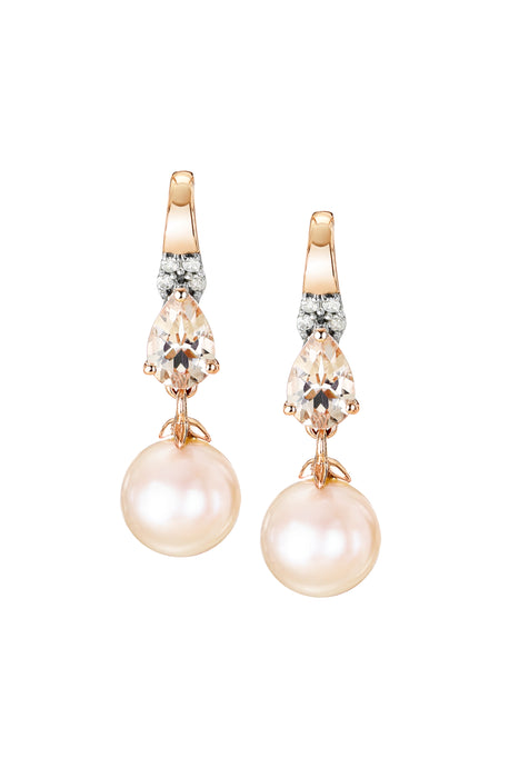 9ct Rose Gold Pink Cultured Freshwater Pearl, Morganite and Diamond Earrings