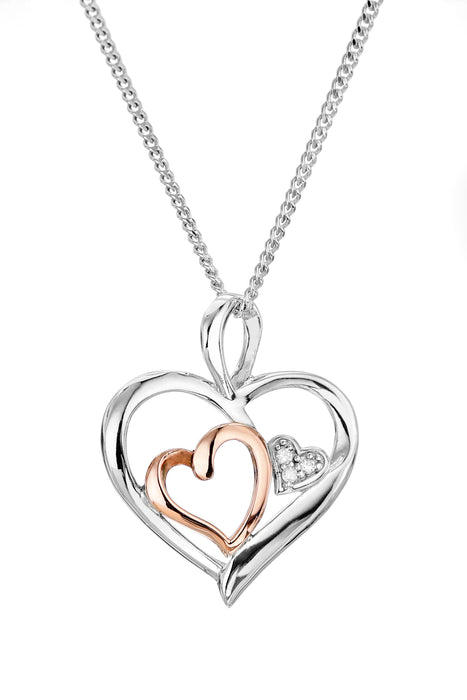 Sterling Silver & 9ct Rose Gold Diamond Triple Heart Pendant