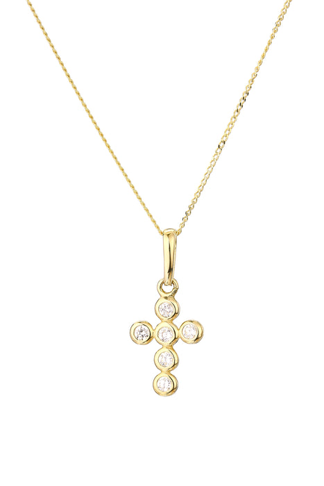 9ct Yellow Gold Cubic Zirconia Mini Bubble Cross Pendant 18 Inch Curb Chain