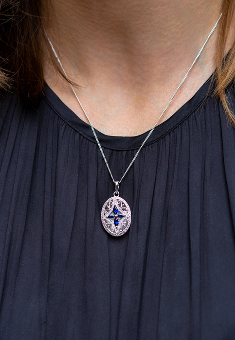 Sterling Silver Created Sapphire and Diamond Oval Locket Necklace