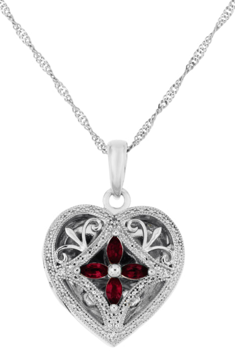 Sterling Silver Created Ruby and Diamond Heart Locket Necklace