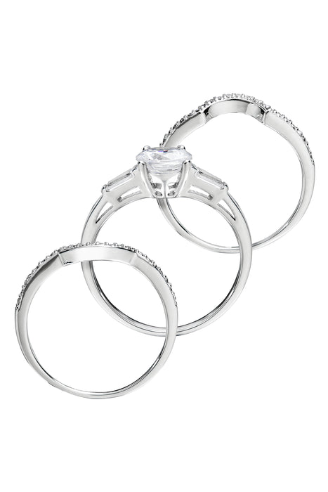 Sterling Silver Cubic Zirconia Halo Three Piece Ring Set