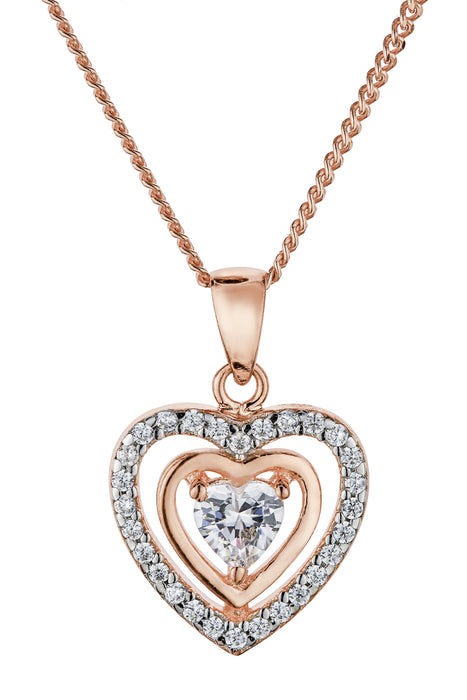 Sterling Silver Rose Gold Plated Cubic Zirconia Heart Pendant Necklace