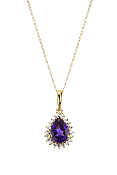 9ct Yellow Gold Amethyst and Diamond Cluster Pendant Necklace