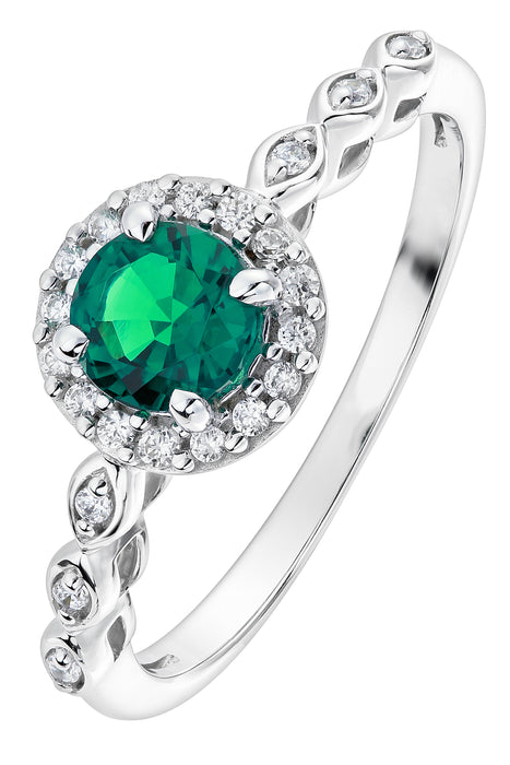 9ct White Gold Created Emerald and 0.10ct Diamond Ring