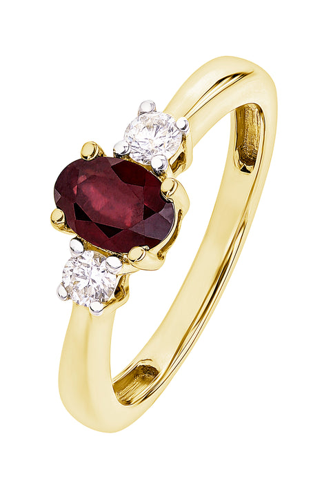 9ct Yellow Gold 6x4 Oval Treated Ruby and 0.10ct Diamond Three Stone Ring