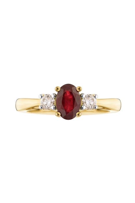 9ct Yellow Gold 6x4 Oval Treated Ruby and 0.10ct Diamond Three Stone Ring