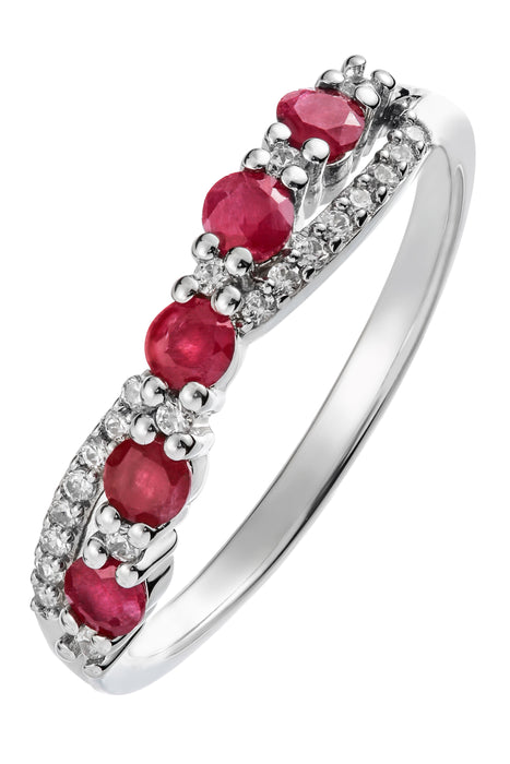 9ct White Gold Ruby and 0.12ct Diamond Cross Over Ring