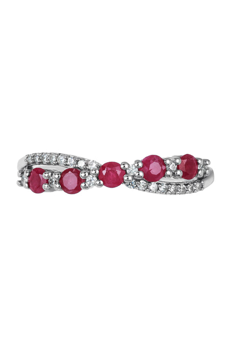 9ct White Gold Ruby and 0.12ct Diamond Cross Over Ring