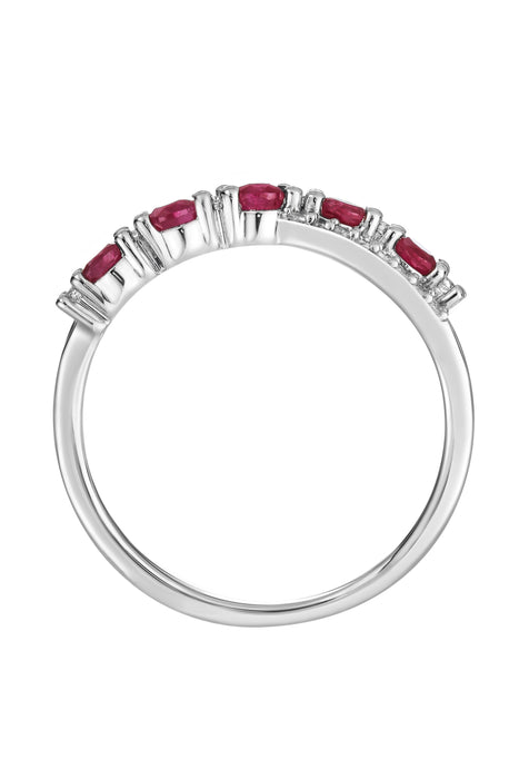 9ct White Gold Ruby and 0.12ct Diamond Cross Over Ring