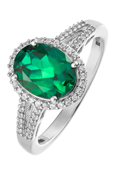 9ct White Gold 9x7 Oval Created Emerald and 0.17ct Diamond Ring