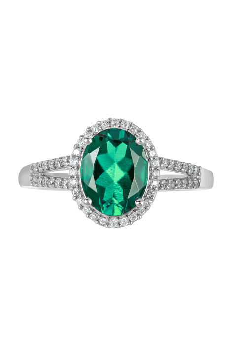 9ct White Gold 9x7 Oval Created Emerald and 0.17ct Diamond Ring