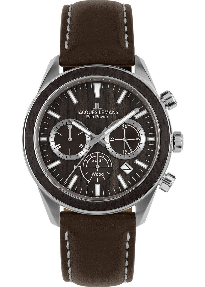 Eco Power Solar Chronograph Wood Dark Brown Vegan Strap Men's Watch