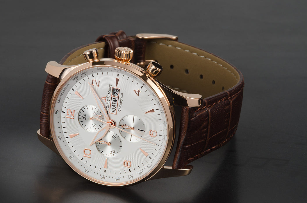 London Chronograph Tan Leather Strap Rose Gold Plated Men's Watch