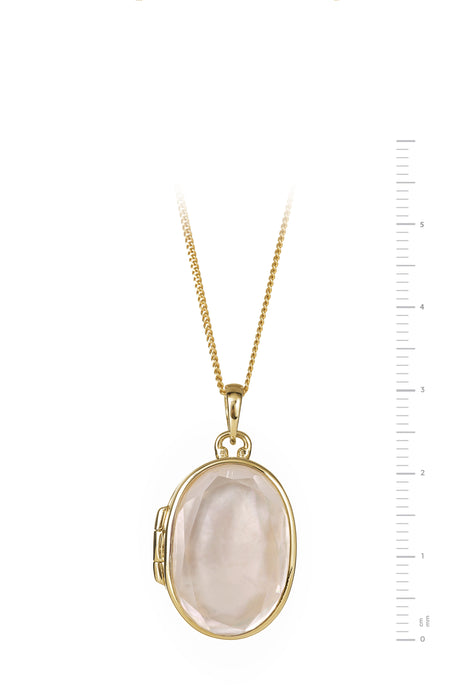 Gold Plated Sterling Silver Oval Mother Of Pearl & Clear Quartz Locket Necklace