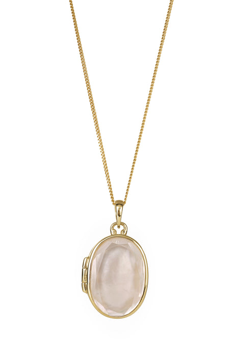 Gold Plated Sterling Silver Oval Mother Of Pearl & Clear Quartz Locket Necklace