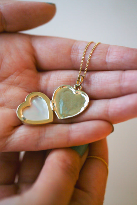 Gold Plated Sterling Silver Heart Mother of Pearl & Clear Quartz Locket Necklace