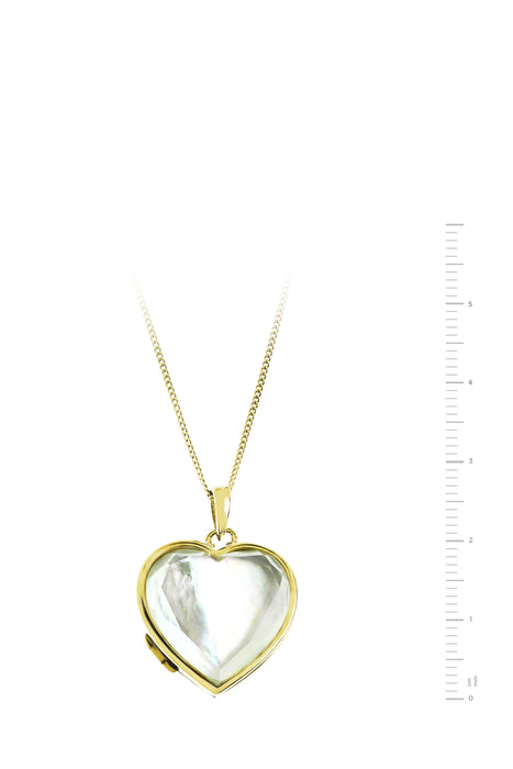 Gold Plated Sterling Silver Heart Mother of Pearl & Clear Quartz Locket Necklace