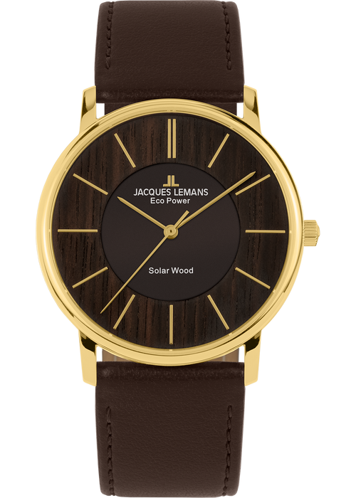 Eco Power Solar Wood Dark Brown Vegan Strap Gold Plated Men's Watch