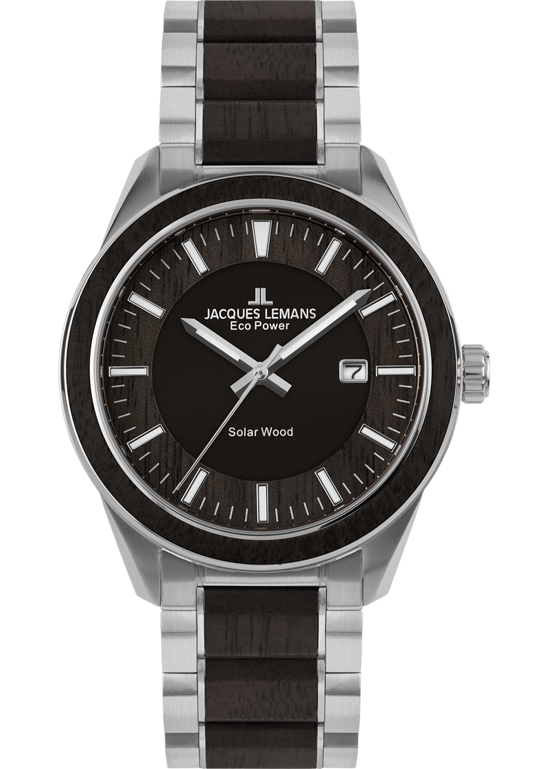 Eco Power Solar Wood Stainless Steel Men's Bracelet Watch