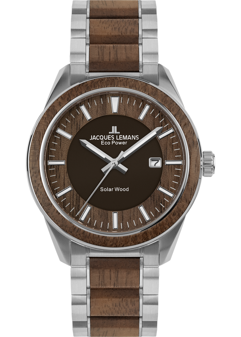 Eco Power Solar Wood Stainless Steel Men's Bracelet Watch