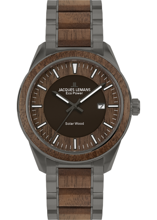 Eco Power Solar Wood Stainless Steel Grey Men's Bracelet Watch