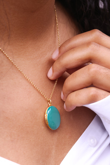 Gold Plated Sterling Silver Oval Teal Enamel Locket Necklace