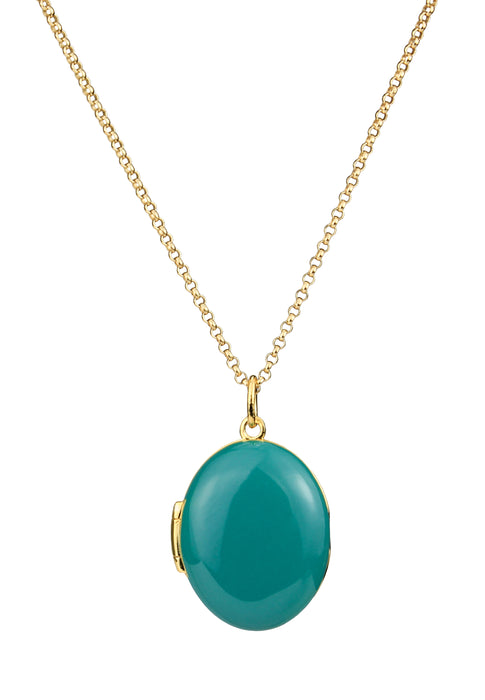 Gold Plated Sterling Silver Oval Teal Enamel Locket Necklace