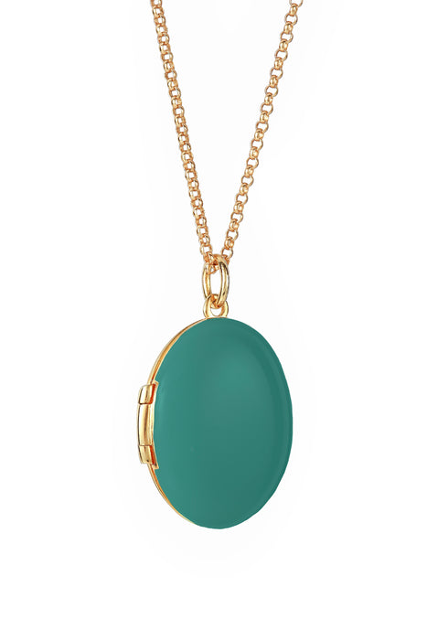 Gold Plated Sterling Silver Oval Teal Enamel Locket Necklace