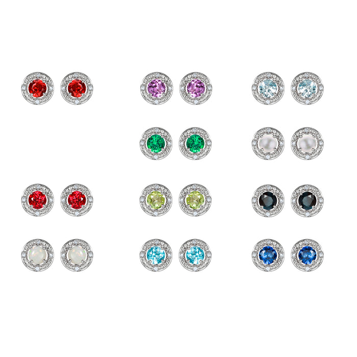 Sterling Silver Birthstone and Diamond Stud Earrings