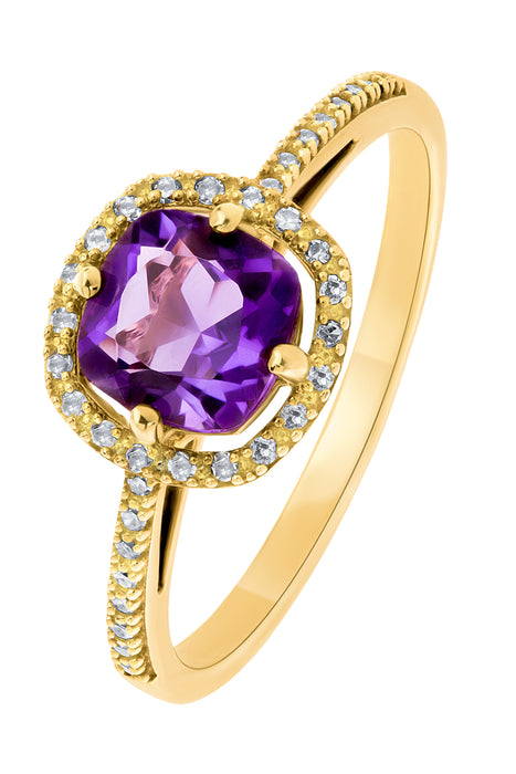 9ct Yellow Gold Amethyst and 0.10ct Diamond Ring