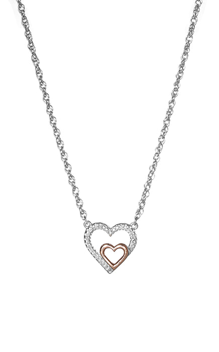 Rose Gold Plate and Sterling Silver Diamond Double Heart Pendant Necklace