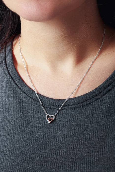 Rose Gold Plate and Sterling Silver Diamond Double Heart Pendant Necklace