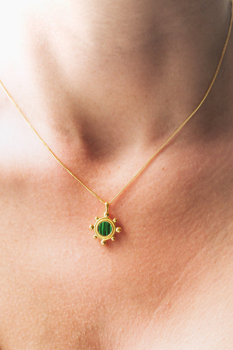 Gold Plated Sterling Silver Malachite Beaded Pendant Necklace