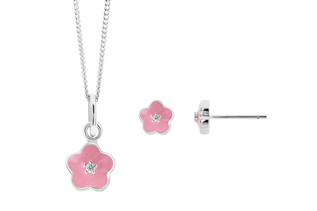 Kids Sterling Silver Pink Enamel & Cubic Zirconia Pendant & Earring Set