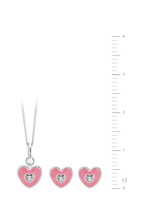 Kids Sterling Silver Pink Enamel Cubic Zirconia Heart Pendant & Stud Earring Set